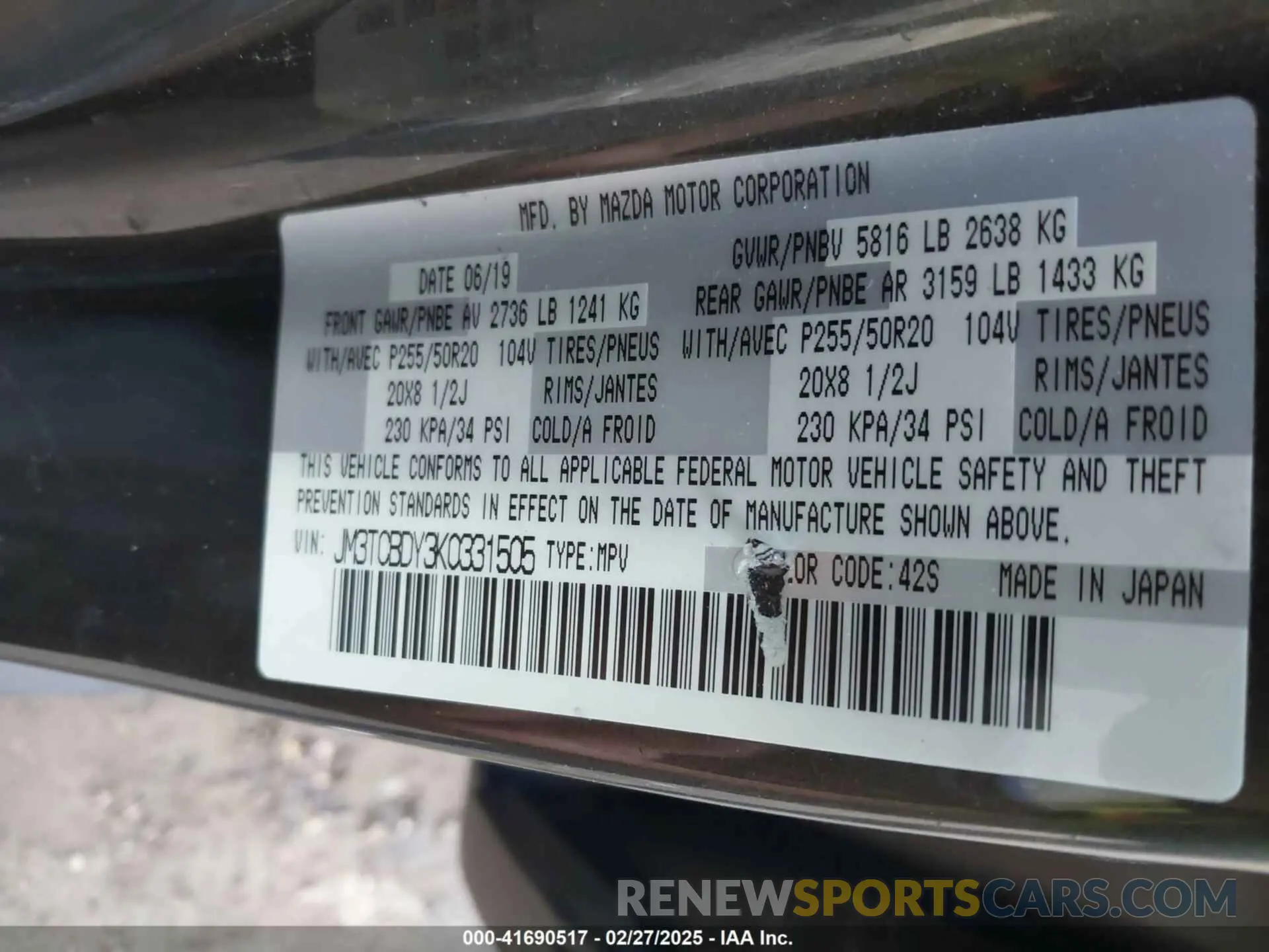 9 Photograph of a damaged car JM3TCBDY3K0331505 MAZDA CX-9 2019