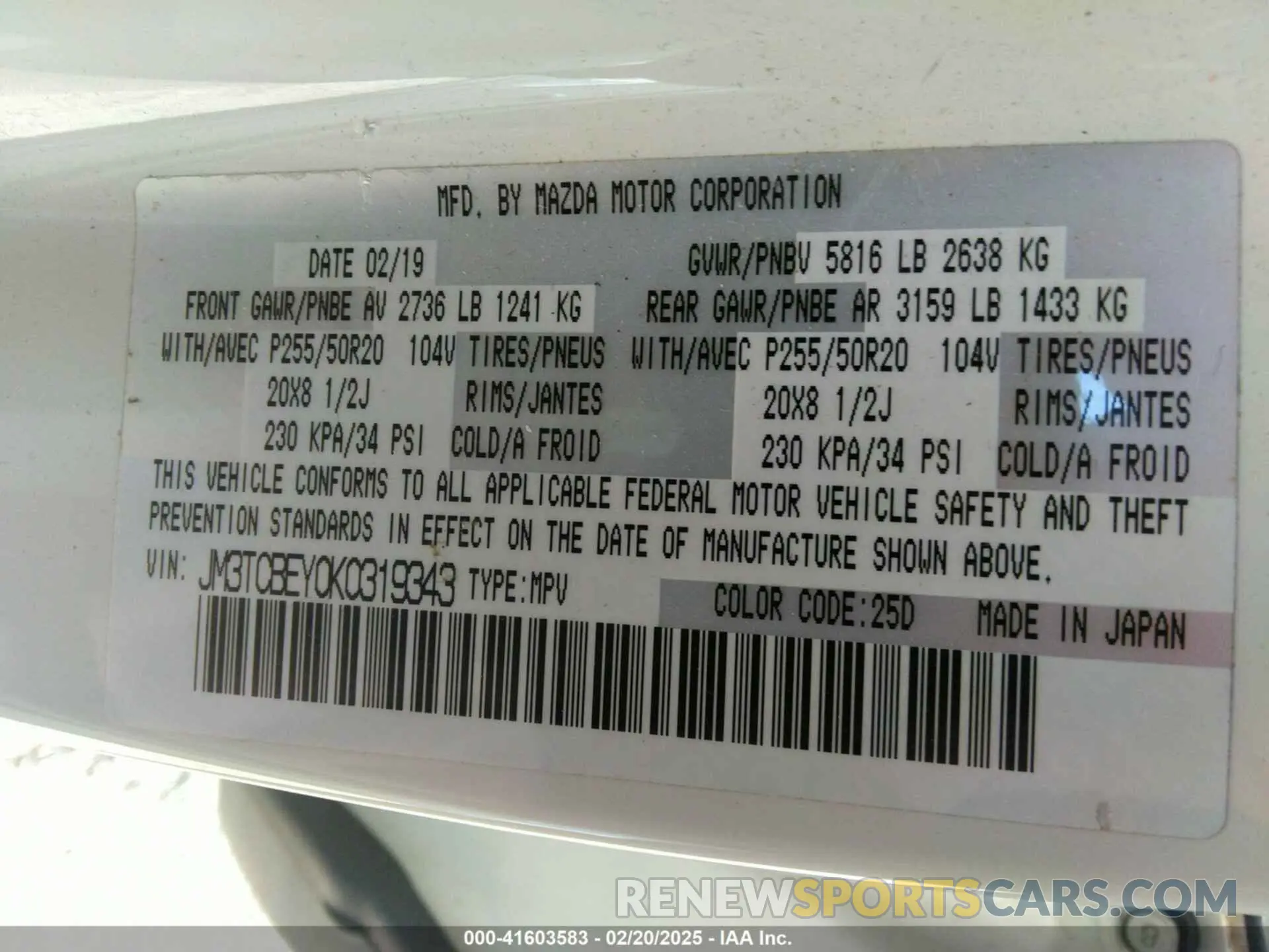 9 Photograph of a damaged car JM3TCBEY0K0319343 MAZDA CX-9 2019