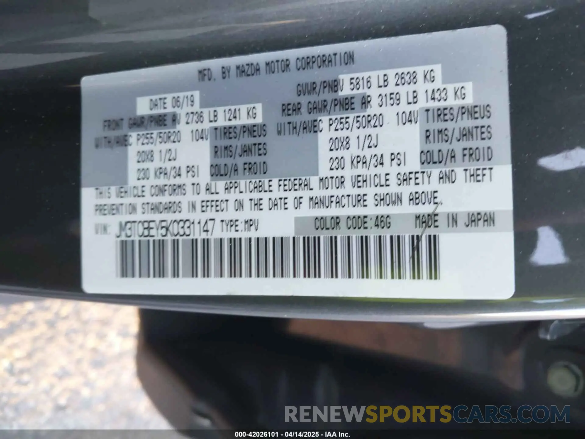 9 Photograph of a damaged car JM3TCBEY5K0331147 MAZDA CX-9 2019