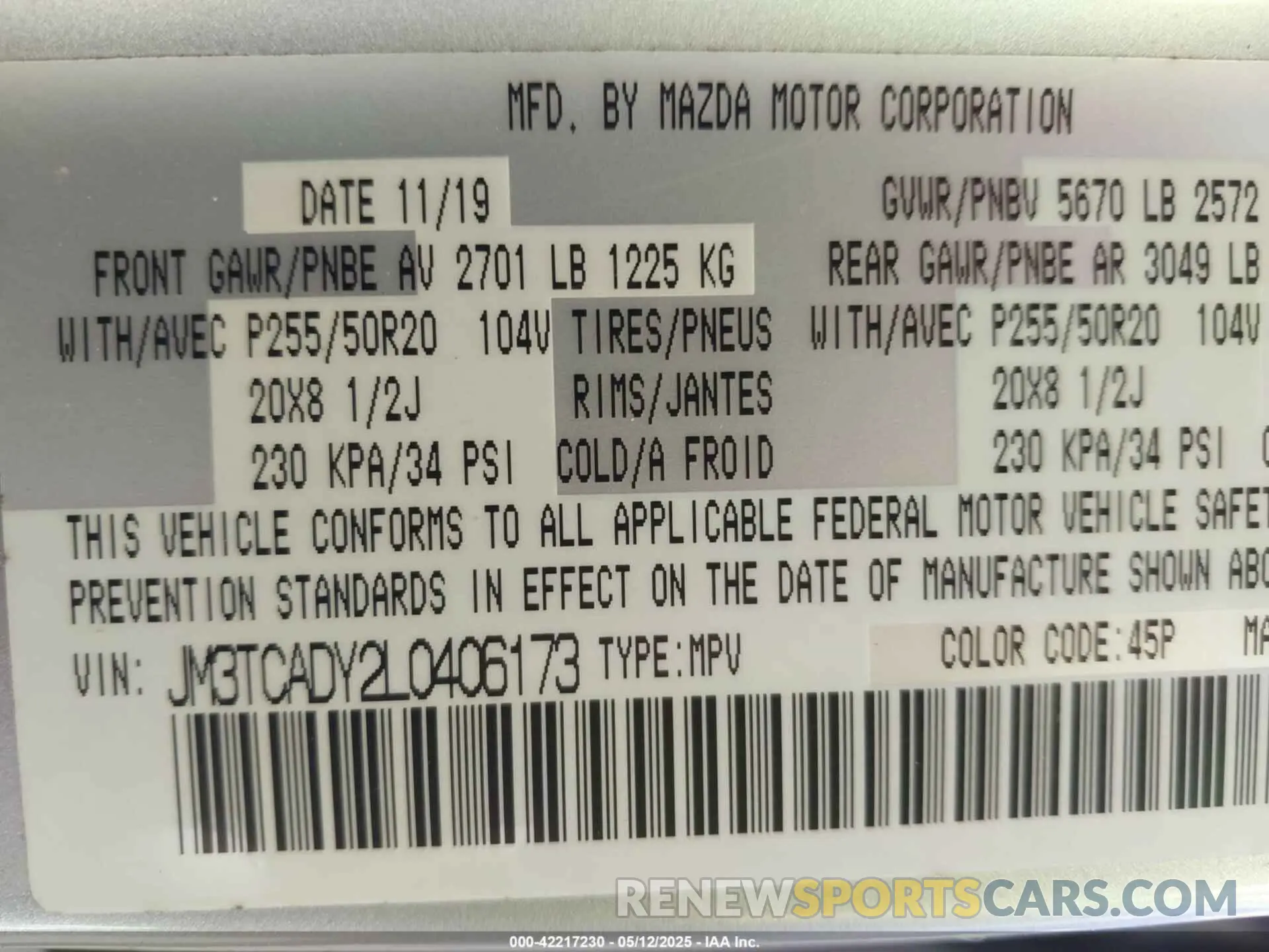 9 Photograph of a damaged car JM3TCADY2L0406173 MAZDA CX-9 2020