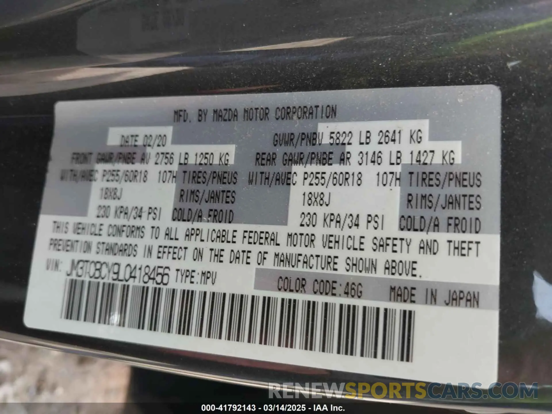 9 Photograph of a damaged car JM3TCBCY9L0418456 MAZDA CX-9 2020