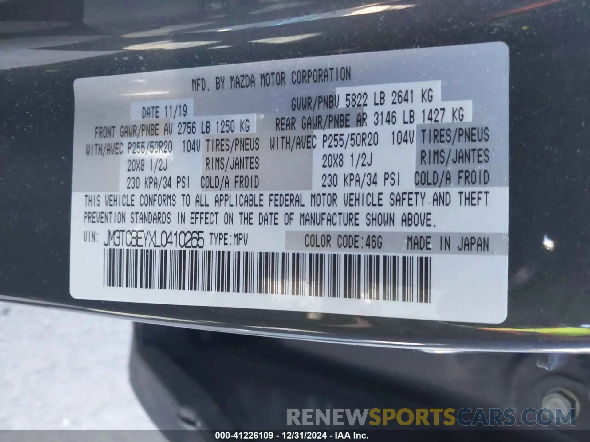 9 Photograph of a damaged car JM3TCBEYXL0410265 MAZDA CX-9 2020