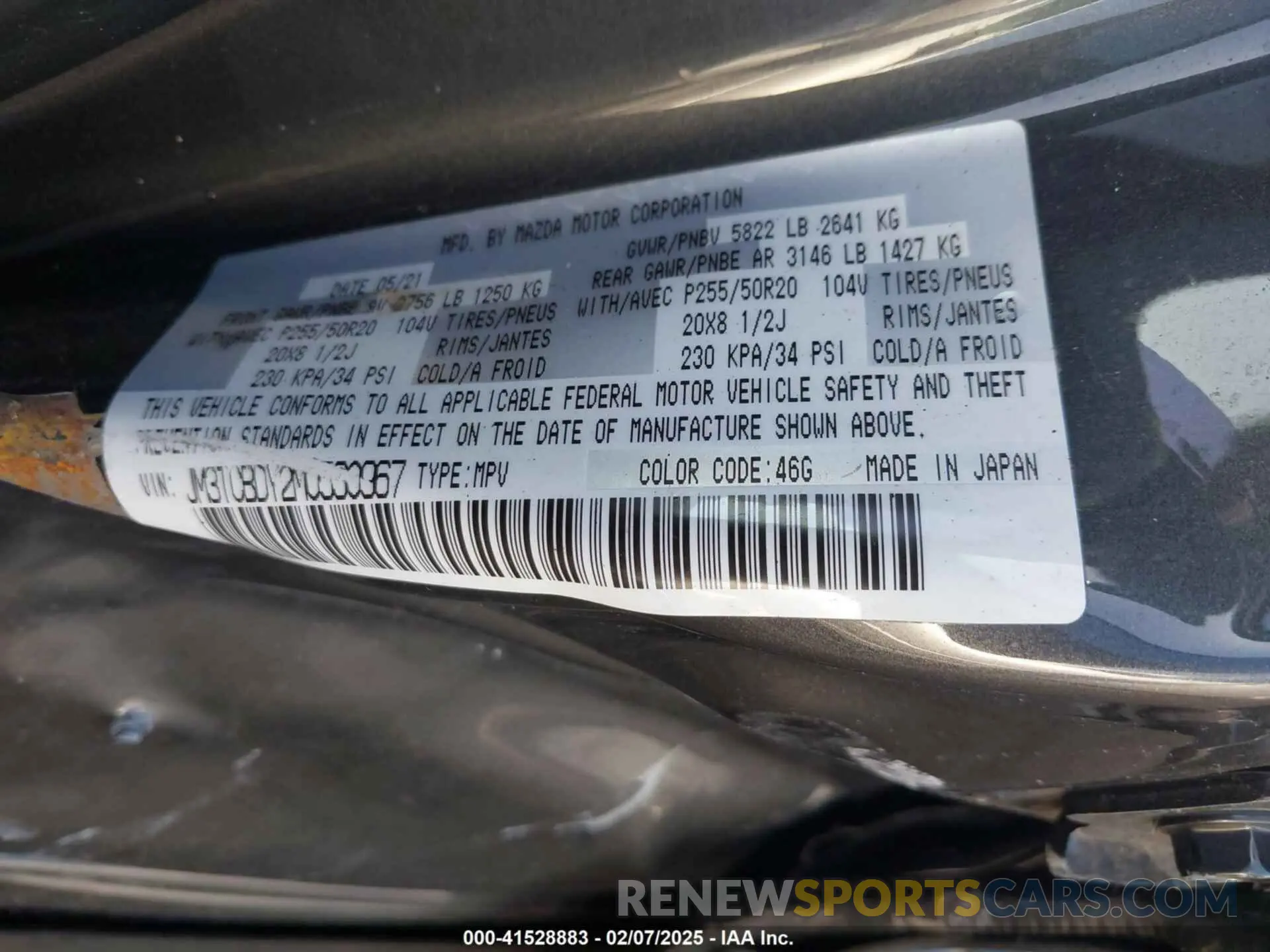 9 Photograph of a damaged car JM3TCBDY2M0530967 MAZDA CX-9 2021
