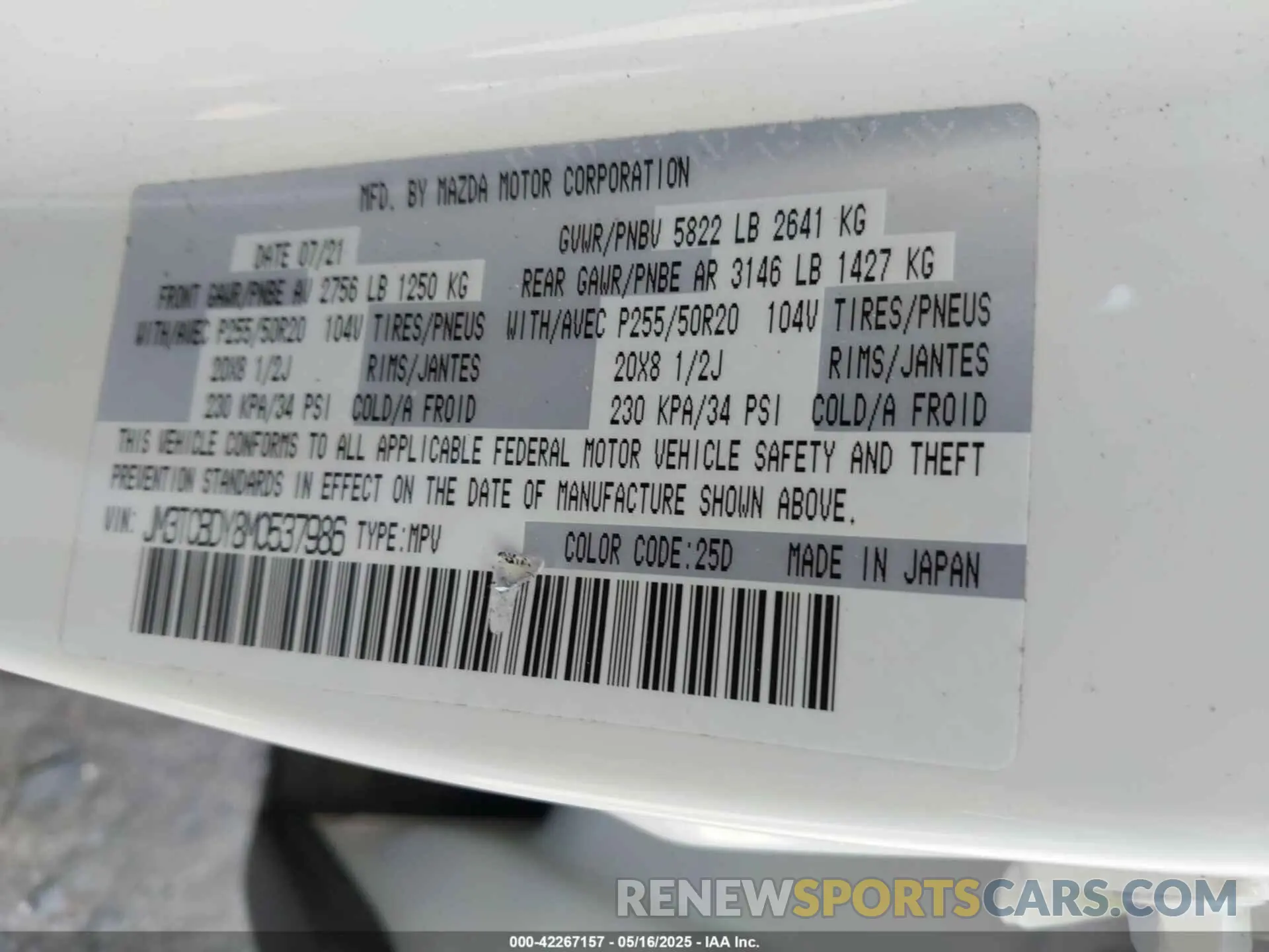 9 Photograph of a damaged car JM3TCBDY8M0537986 MAZDA CX-9 2021