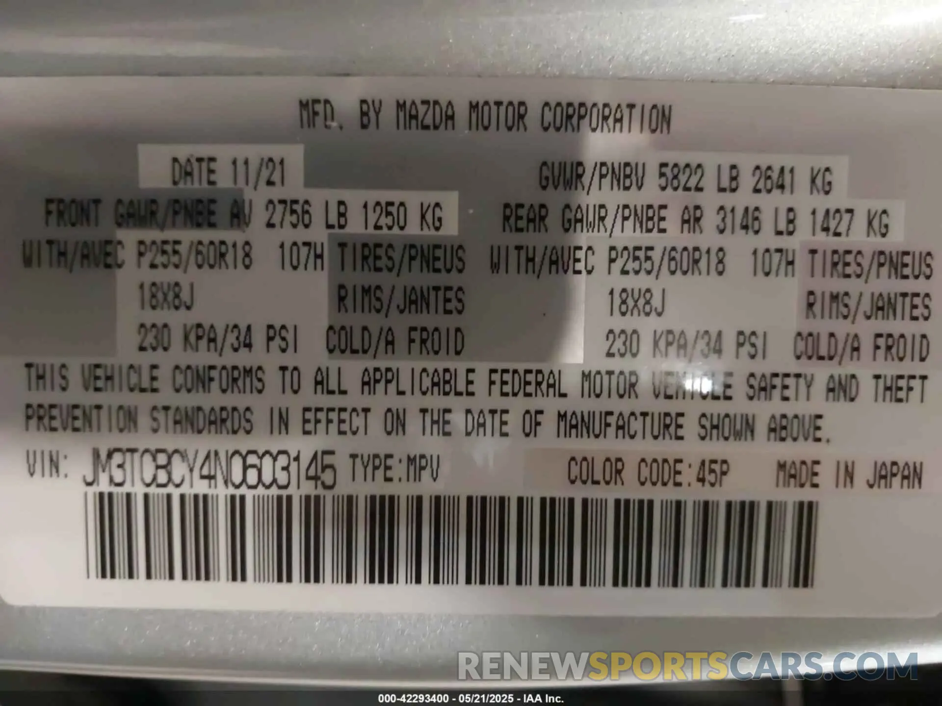 9 Photograph of a damaged car JM3TCBCY4N0603145 MAZDA CX-9 2022