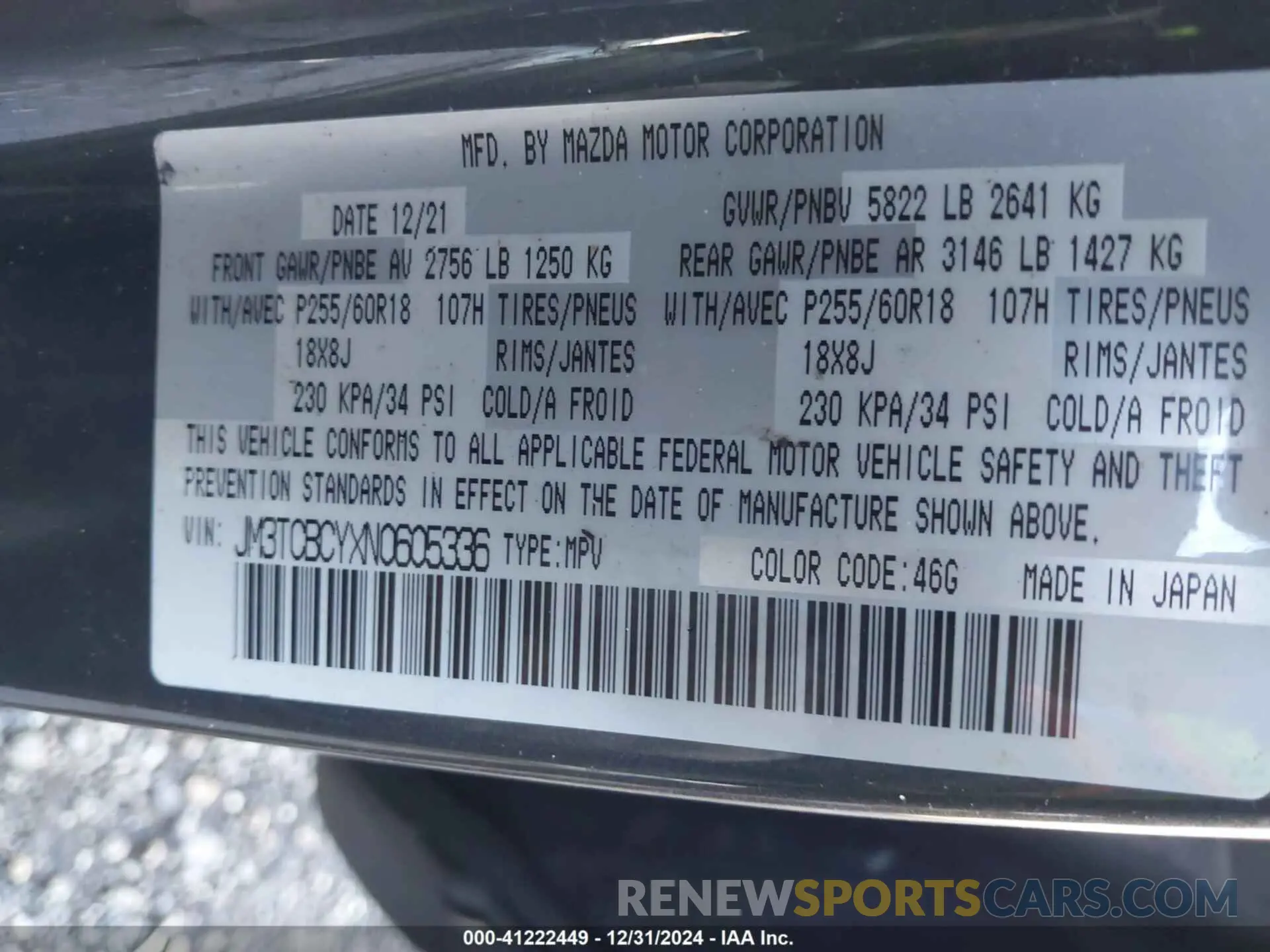 9 Photograph of a damaged car JM3TCBCYXN0605336 MAZDA CX-9 2022