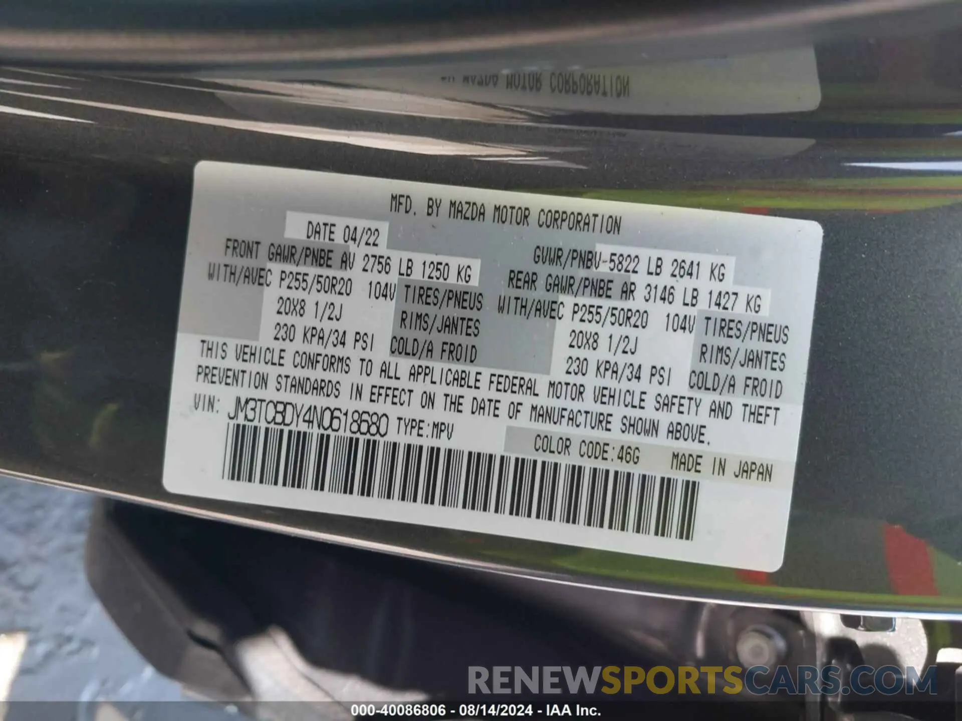9 Photograph of a damaged car JM3TCBDY4N0618680 MAZDA CX-9 2022