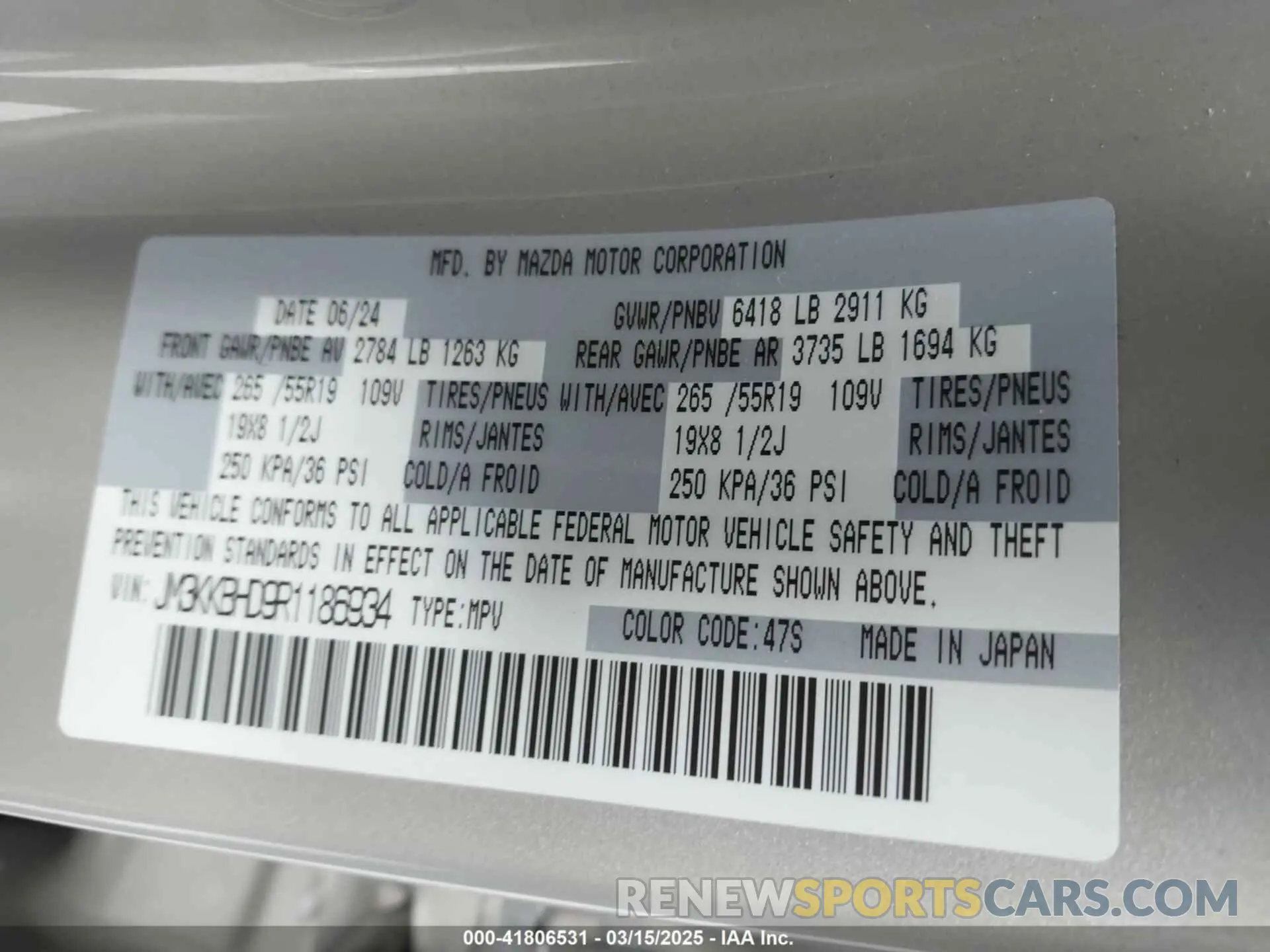 9 Photograph of a damaged car JM3KKBHD9R1186934 MAZDA CX-90 2024