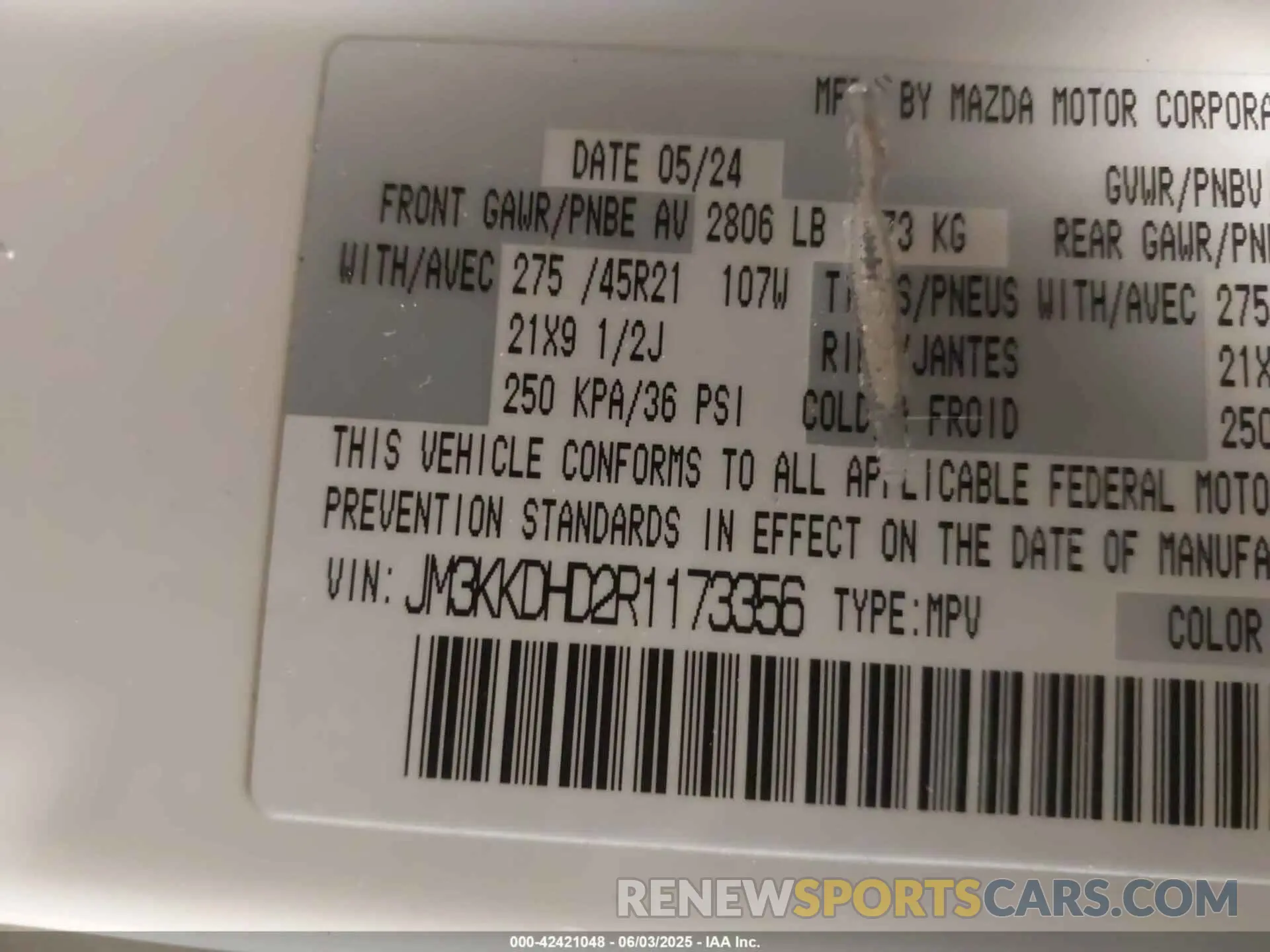 9 Photograph of a damaged car JM3KKDHD2R1173356 MAZDA CX-90 2024