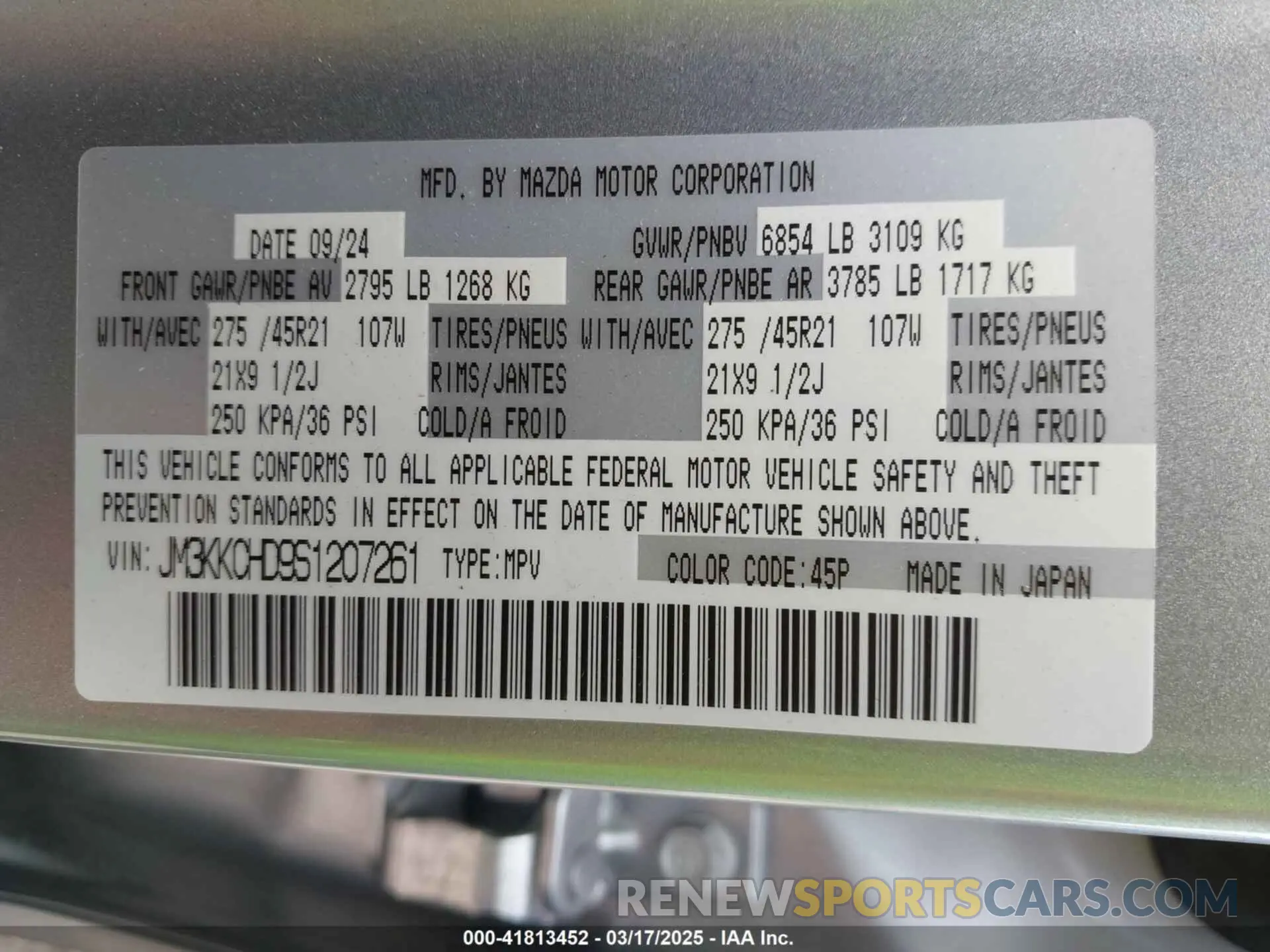 9 Photograph of a damaged car JM3KKCHD9S1207261 MAZDA CX-90 2025