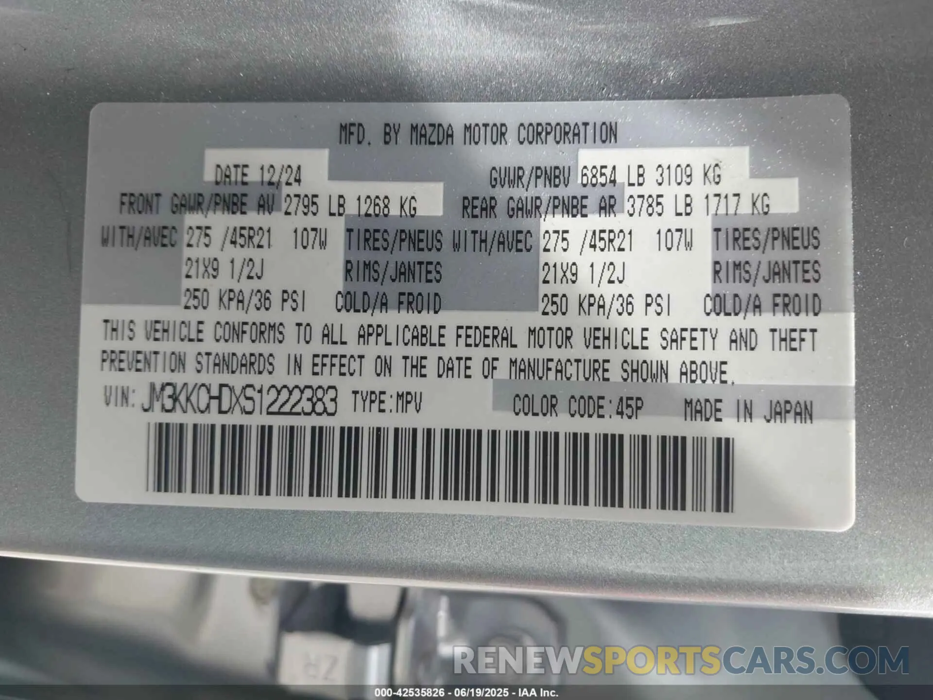 9 Photograph of a damaged car JM3KKCHDXS1222383 MAZDA CX-90 2025