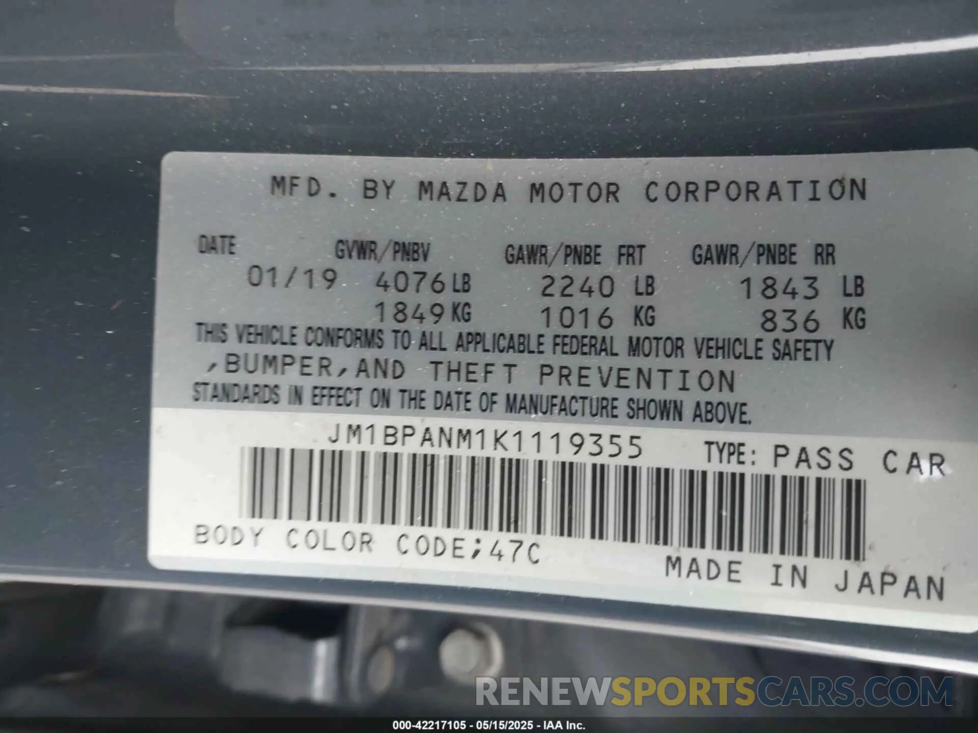 9 Photograph of a damaged car JM1BPANM1K1119355 MAZDA MAZDA3 2019
