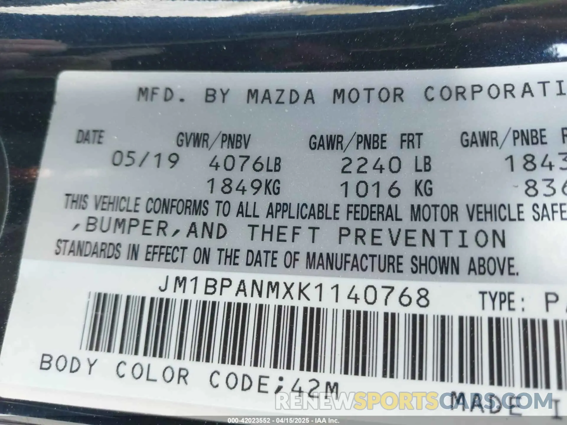9 Photograph of a damaged car JM1BPANMXK1140768 MAZDA MAZDA3 2019