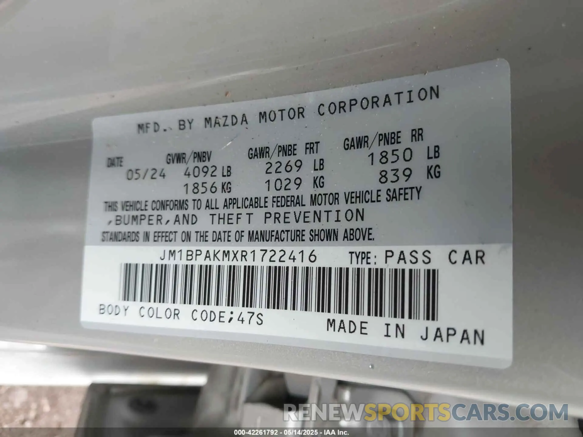 9 Photograph of a damaged car JM1BPAKMXR1722416 MAZDA MAZDA3 2024
