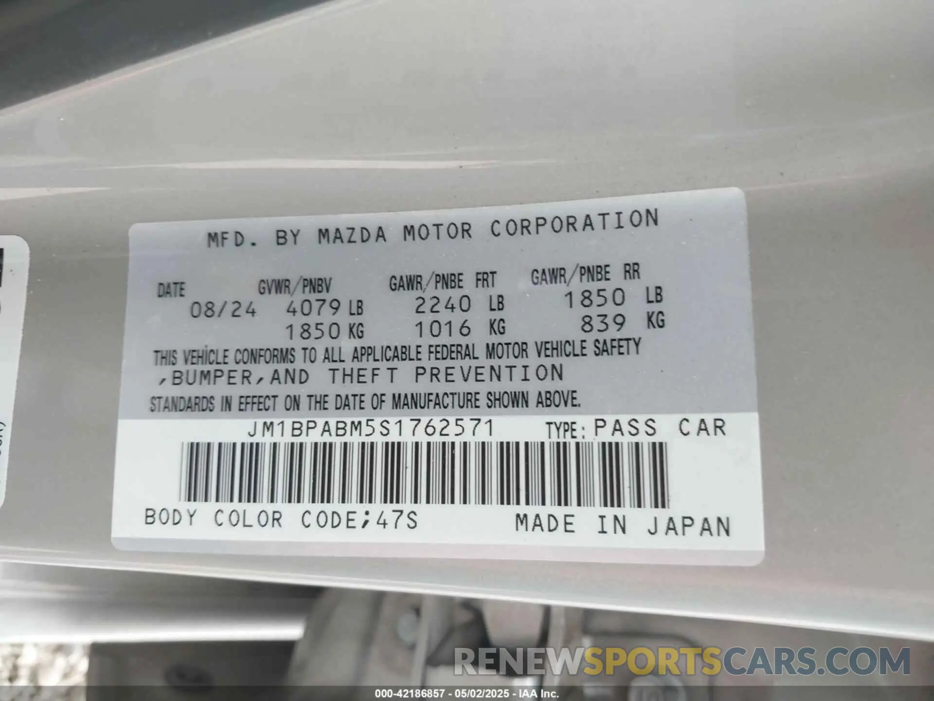 9 Photograph of a damaged car JM1BPABM5S1762571 MAZDA MAZDA3 2025