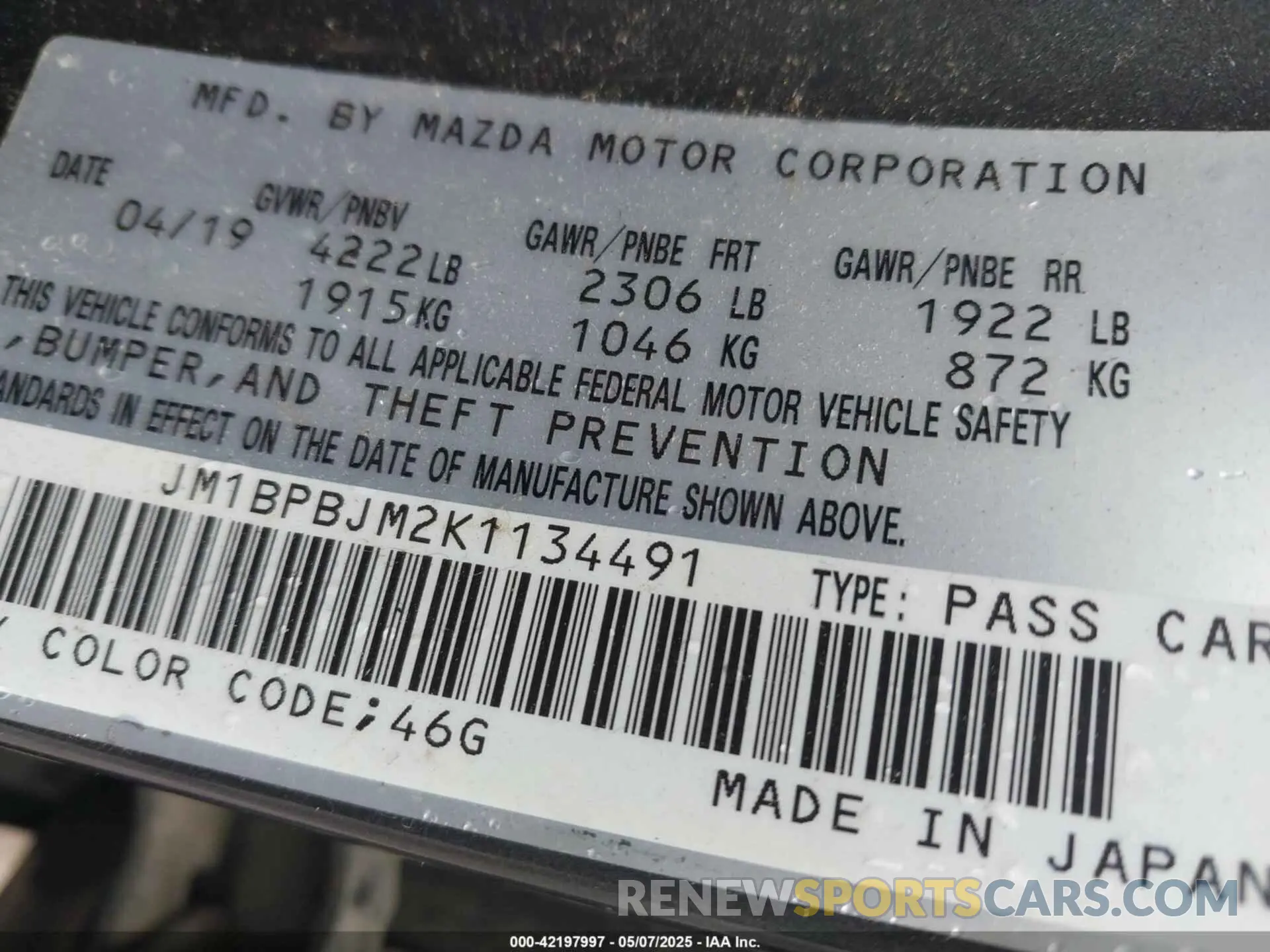 9 Photograph of a damaged car JM1BPBJM2K1134491 MAZDA MAZDA3 HATCHBACK 2019