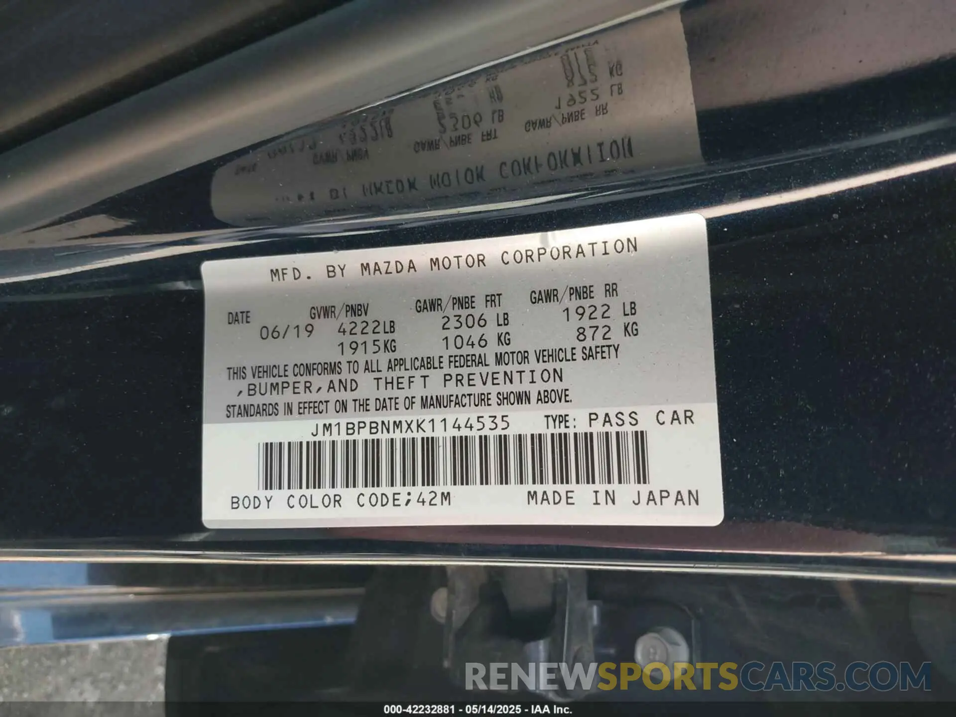 9 Photograph of a damaged car JM1BPBNMXK1144535 MAZDA MAZDA3 HATCHBACK 2019