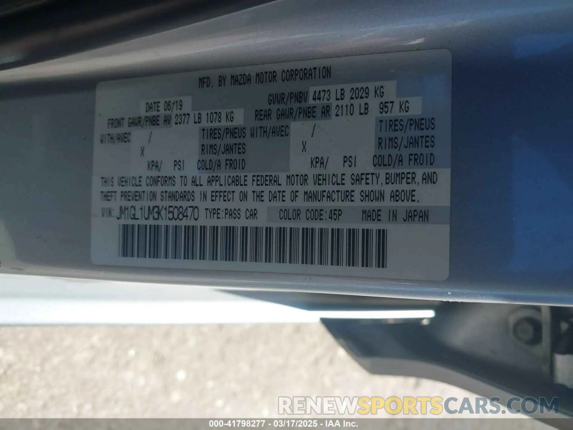 9 Photograph of a damaged car JM1GL1UM3K1508470 MAZDA MAZDA6 2019