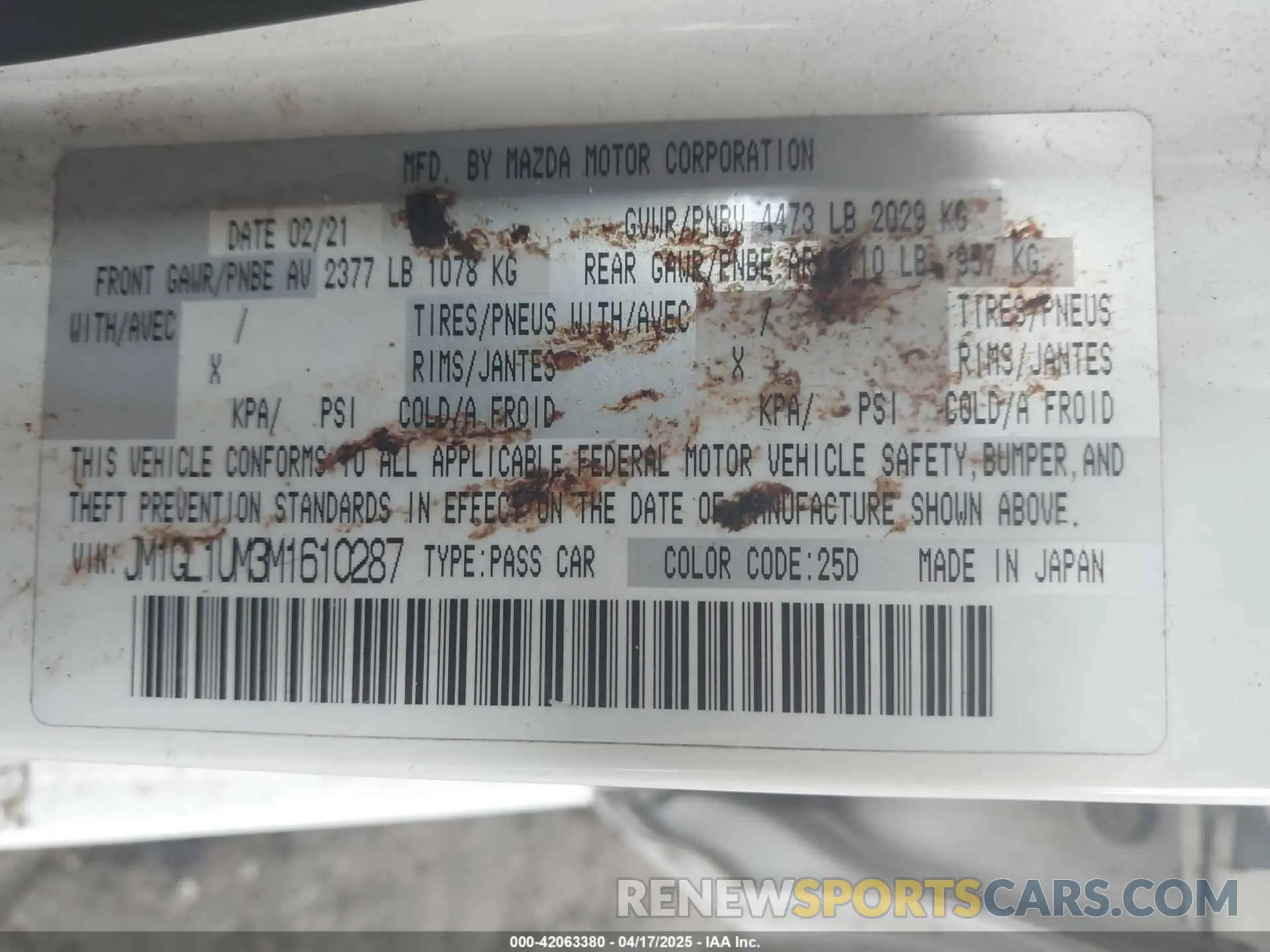 9 Photograph of a damaged car JM1GL1UM3M1610287 MAZDA MAZDA6 2021