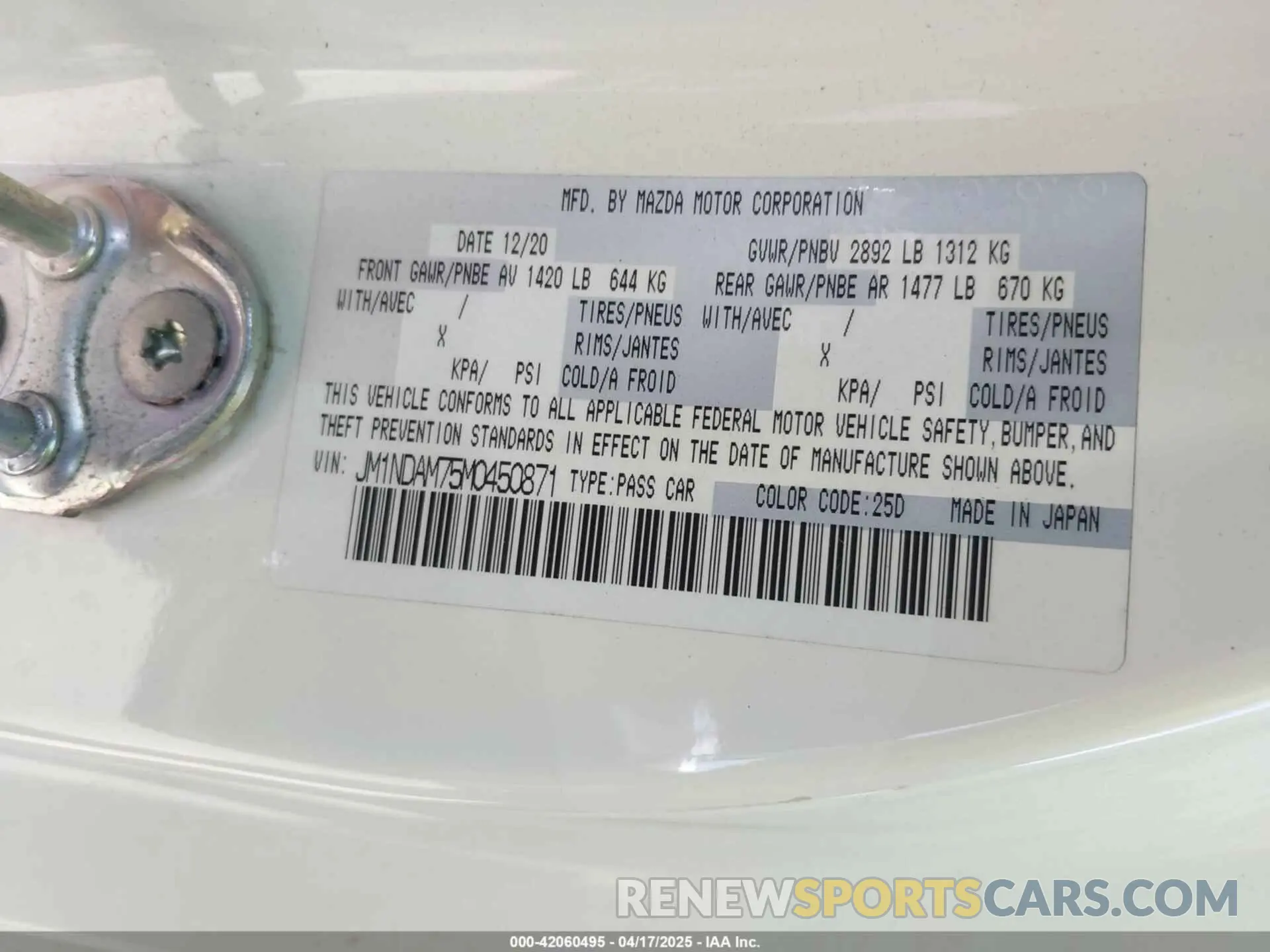 9 Photograph of a damaged car JM1NDAM75M0450871 MAZDA MX-5 MIATA RF 2021