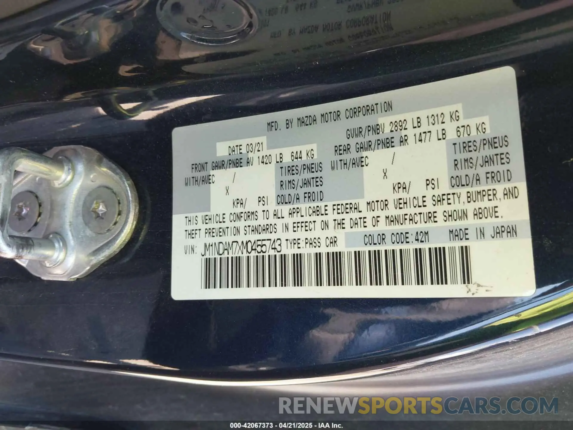 9 Photograph of a damaged car JM1NDAM7XM0455743 MAZDA MX-5 MIATA RF 2021