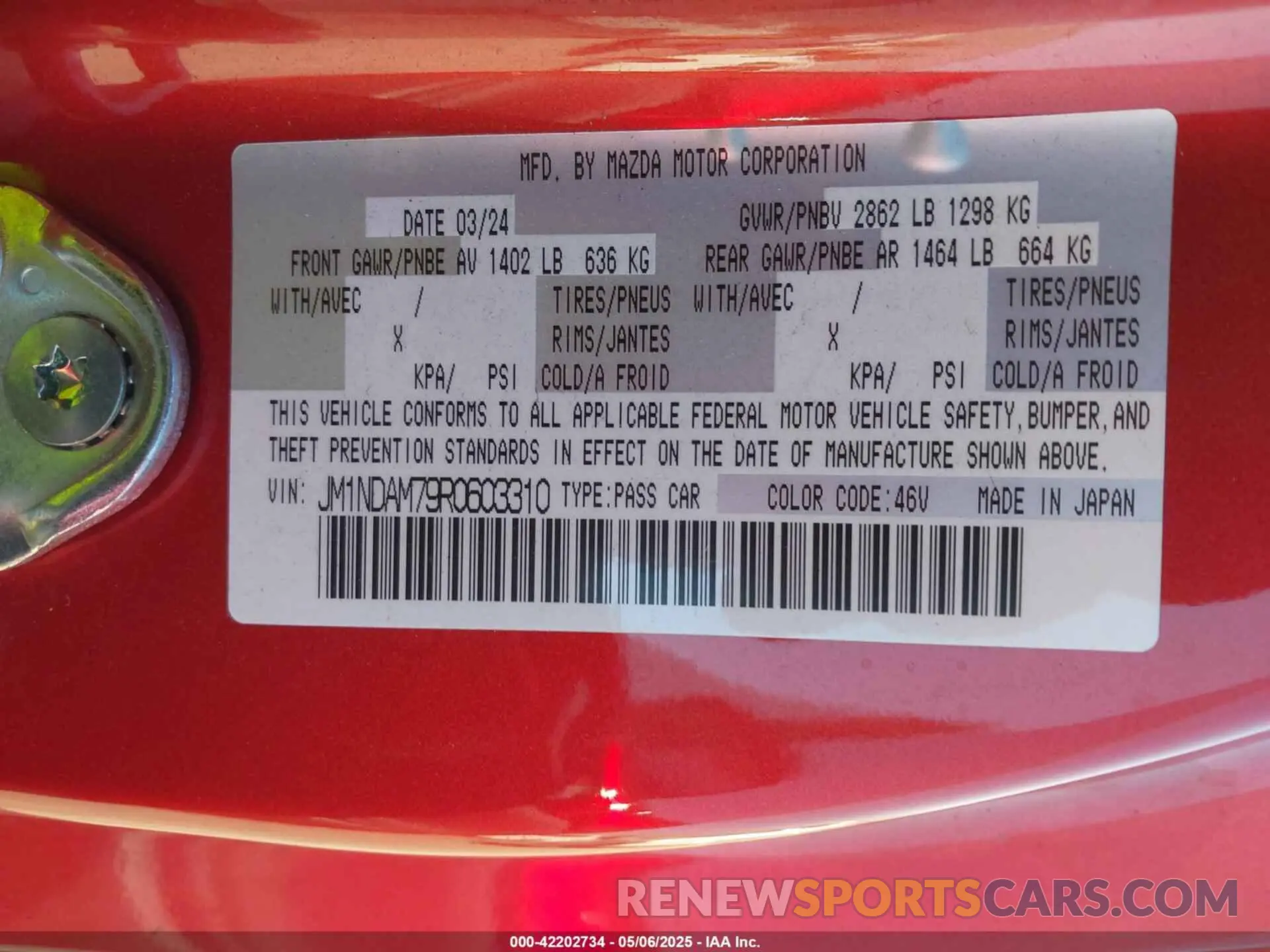 9 Photograph of a damaged car JM1NDAM79R0603310 MAZDA MX-5 MIATA RF 2024