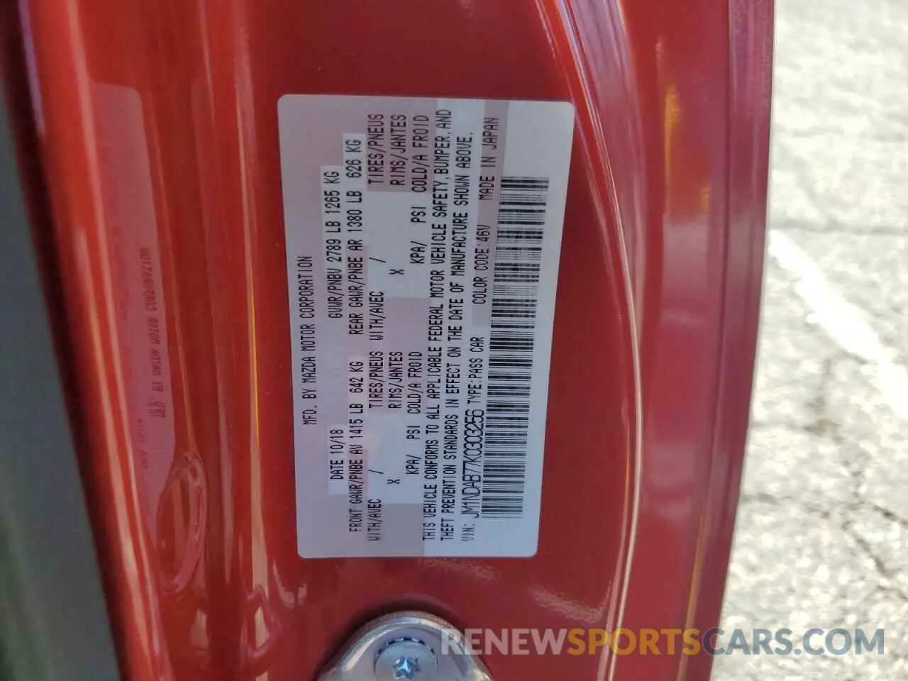 12 Photograph of a damaged car JM1NDAB77K0303256 MAZDA MX5 2019