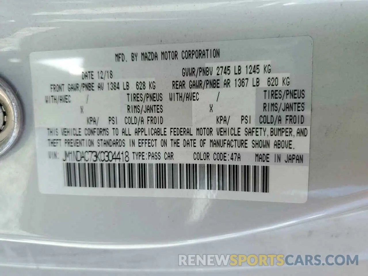 12 Photograph of a damaged car JM1NDAC73K0304418 MAZDA MX5 2019