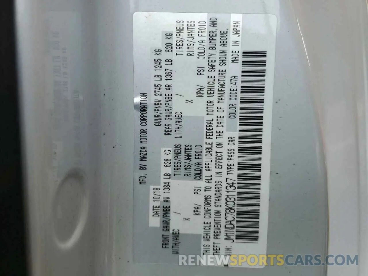 13 Photograph of a damaged car JM1NDAC78K0311347 MAZDA MX5 2019