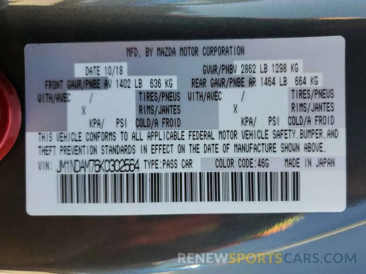 12 Photograph of a damaged car JM1NDAM76K0302564 MAZDA MX5 2019