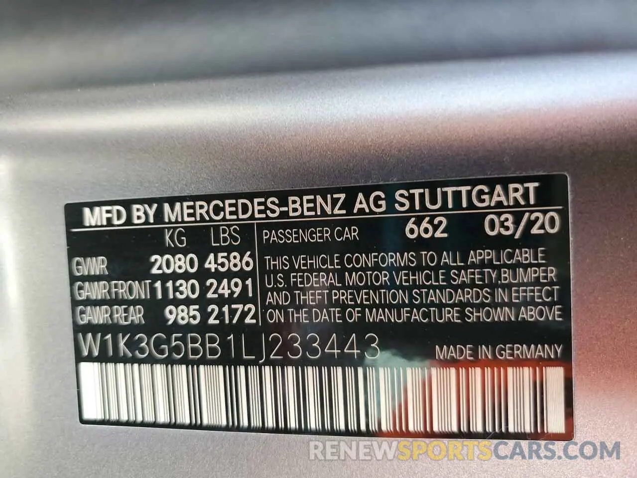 12 Photograph of a damaged car W1K3G5BB1LJ233443 MERCEDES-BENZ A-CLASS 2020