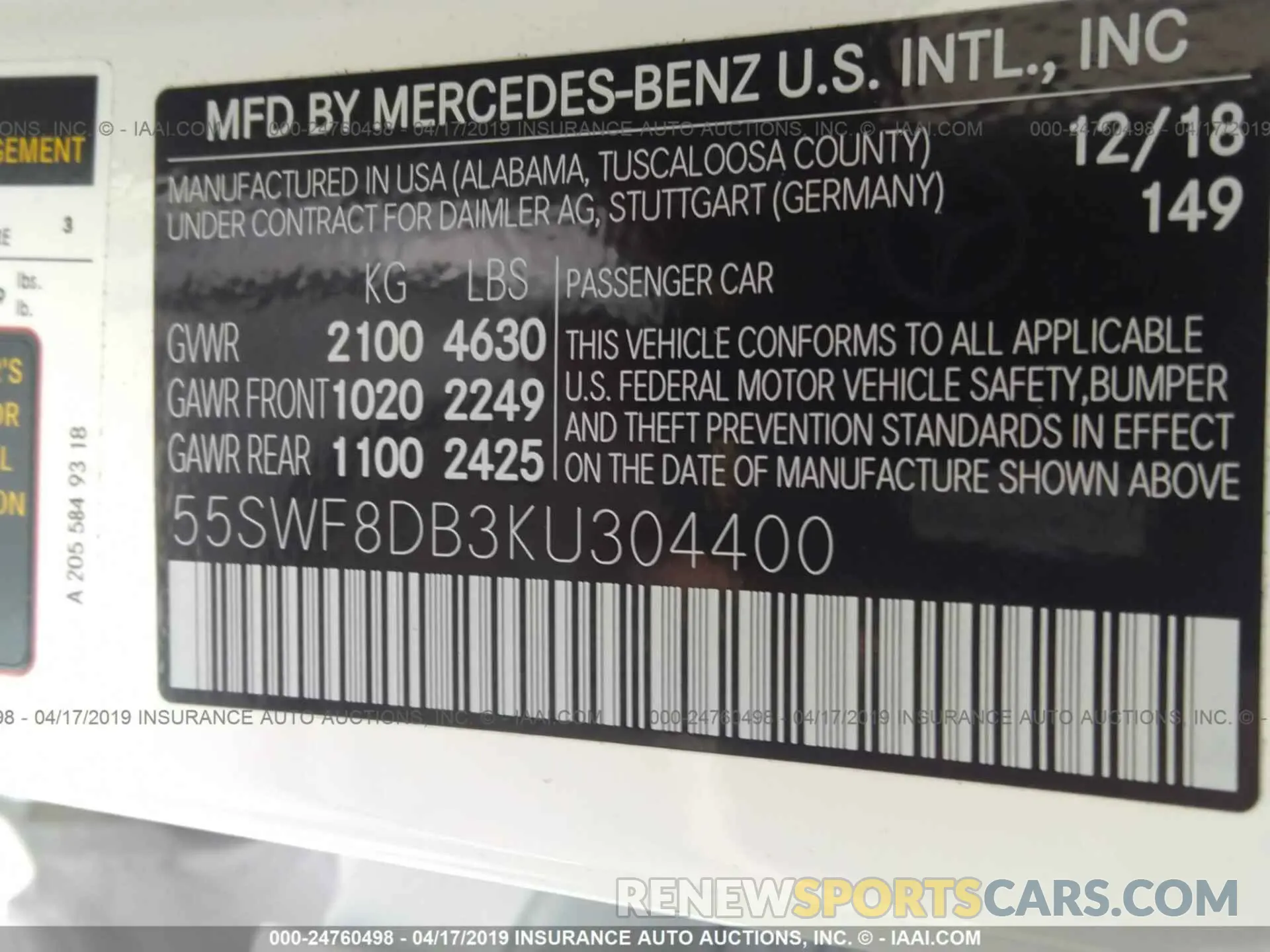 9 Photograph of a damaged car 55SWF8DB3KU304400 MERCEDES-BENZ C 2019