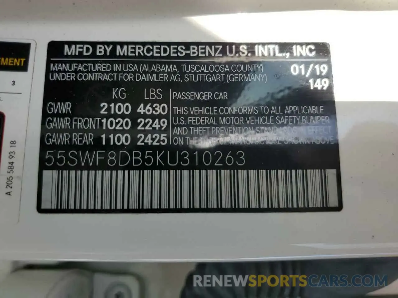 12 Photograph of a damaged car 55SWF8DB5KU310263 MERCEDES-BENZ C-CLASS 2019