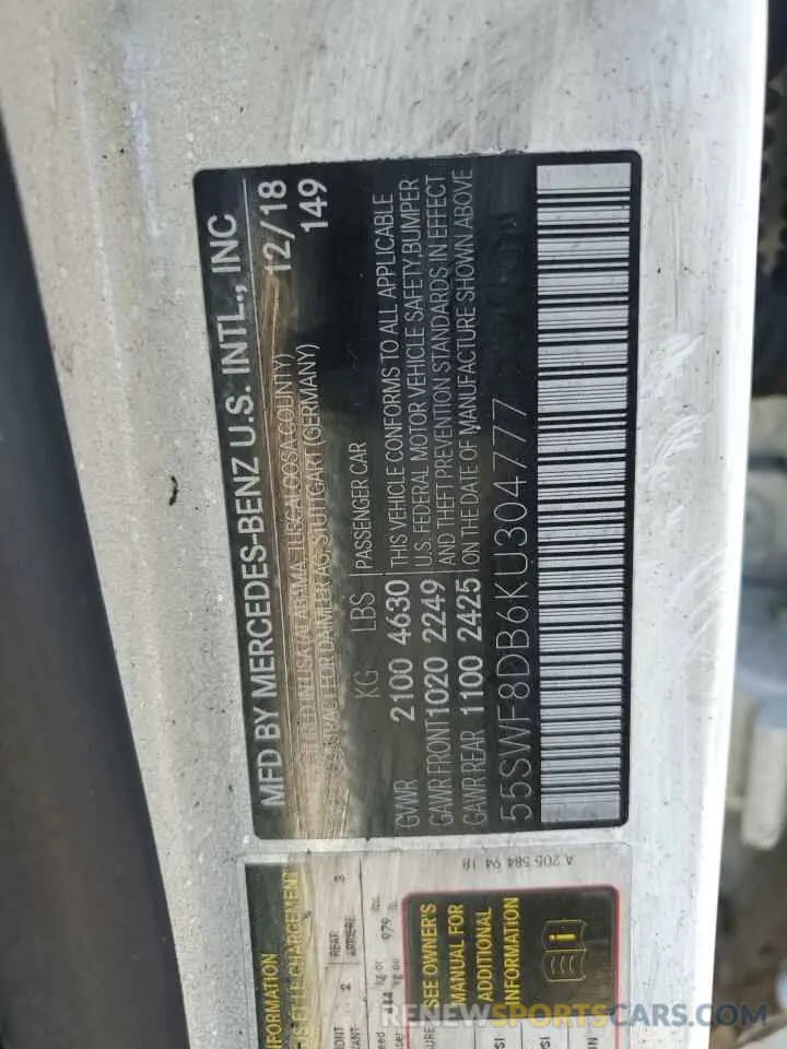 12 Photograph of a damaged car 55SWF8DB6KU304777 MERCEDES-BENZ C-CLASS 2019