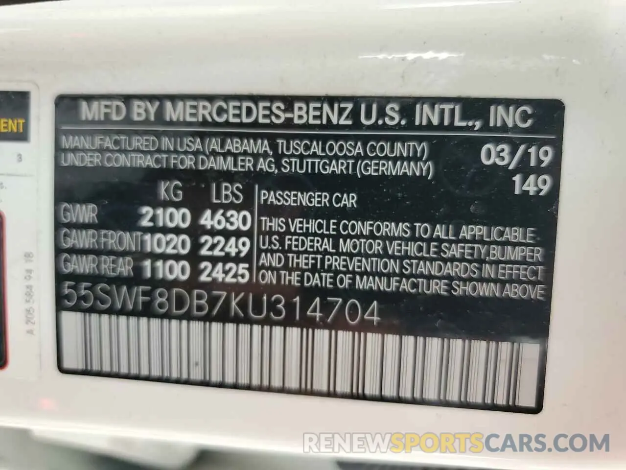 13 Photograph of a damaged car 55SWF8DB7KU314704 MERCEDES-BENZ C-CLASS 2019