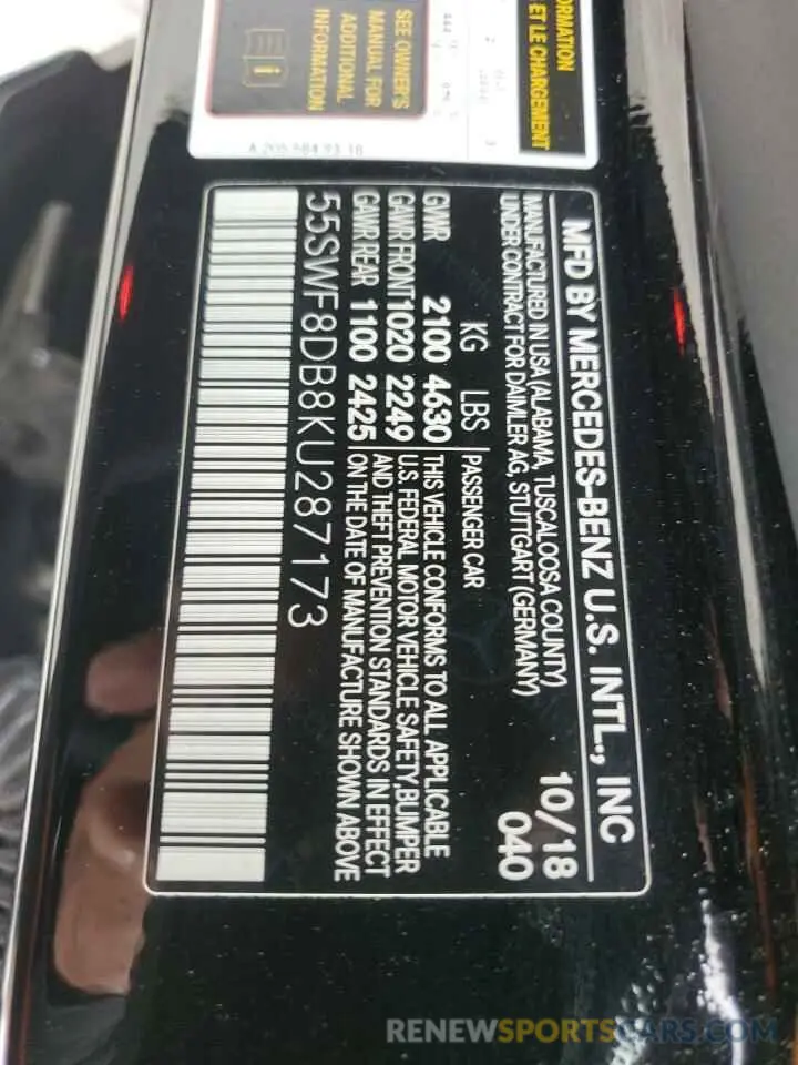 12 Photograph of a damaged car 55SWF8DB8KU287173 MERCEDES-BENZ C-CLASS 2019