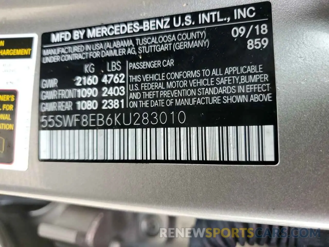 13 Photograph of a damaged car 55SWF8EB6KU283010 MERCEDES-BENZ C-CLASS 2019