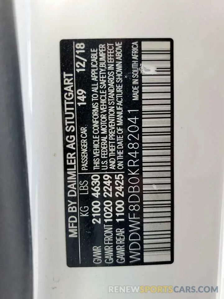 13 Photograph of a damaged car WDDWF8DB0KR482041 MERCEDES-BENZ C-CLASS 2019