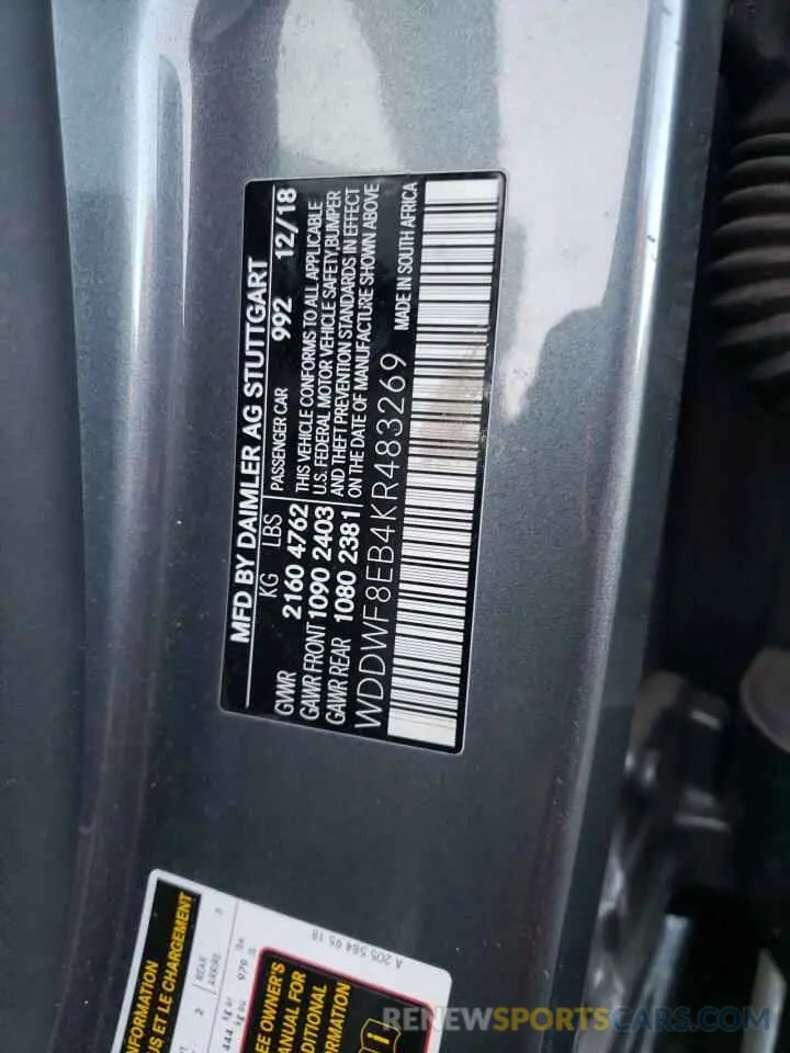 12 Photograph of a damaged car WDDWF8EB4KR483269 MERCEDES-BENZ C-CLASS 2019