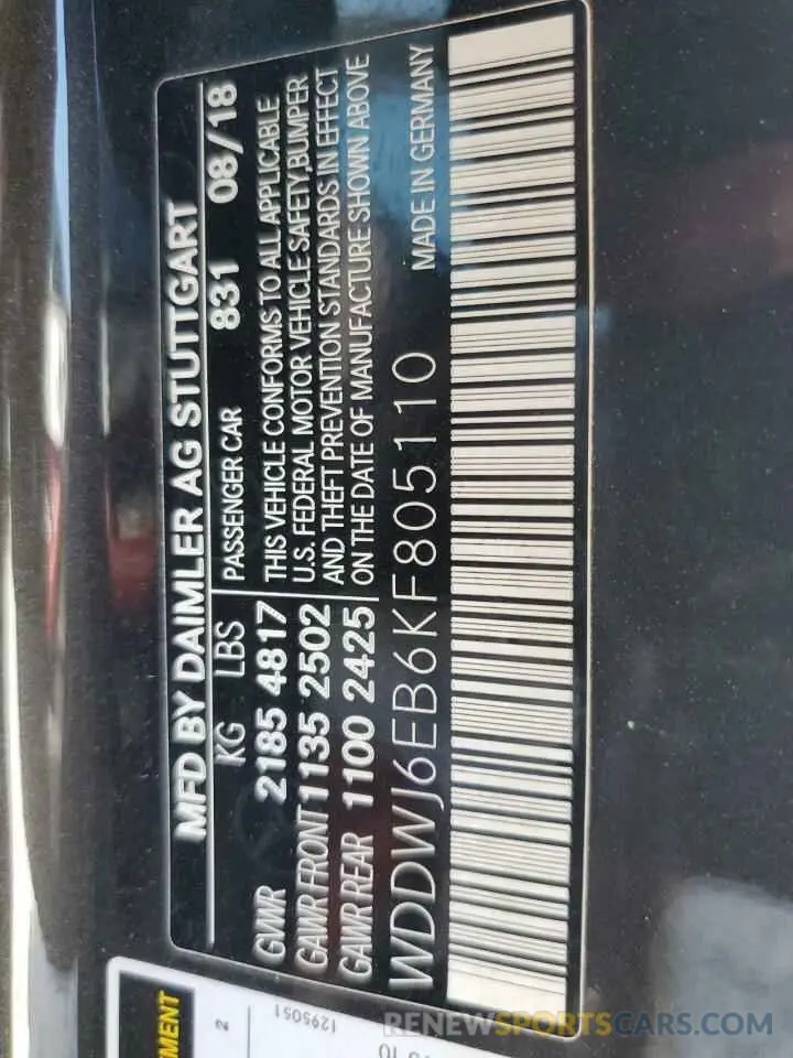 12 Photograph of a damaged car WDDWJ6EB6KF805110 MERCEDES-BENZ C-CLASS 2019