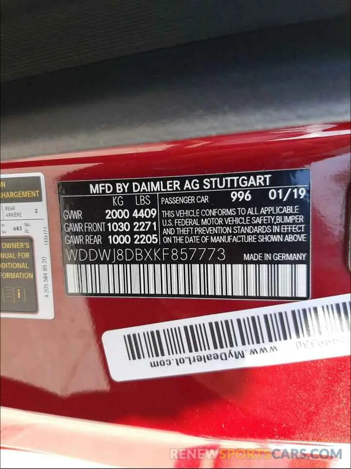 10 Photograph of a damaged car WDDWJ8DBXKF857773 MERCEDES-BENZ C-CLASS 2019