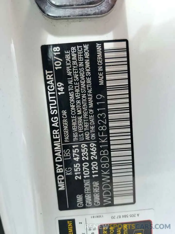 10 Photograph of a damaged car WDDWK8DB1KF823119 MERCEDES-BENZ C-CLASS 2019