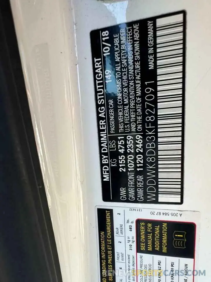 10 Photograph of a damaged car WDDWK8DB3KF827091 MERCEDES-BENZ C-CLASS 2019