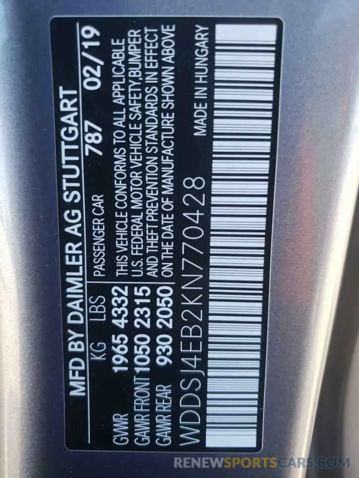 10 Photograph of a damaged car WDDSJ4EB2KN770428 MERCEDES-BENZ CLA-CLASS 2019