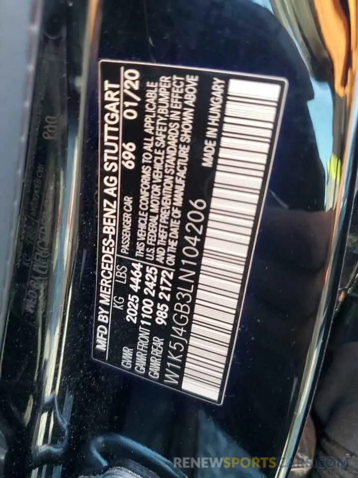 12 Photograph of a damaged car W1K5J4GB3LN104206 MERCEDES-BENZ CLA-CLASS 2020