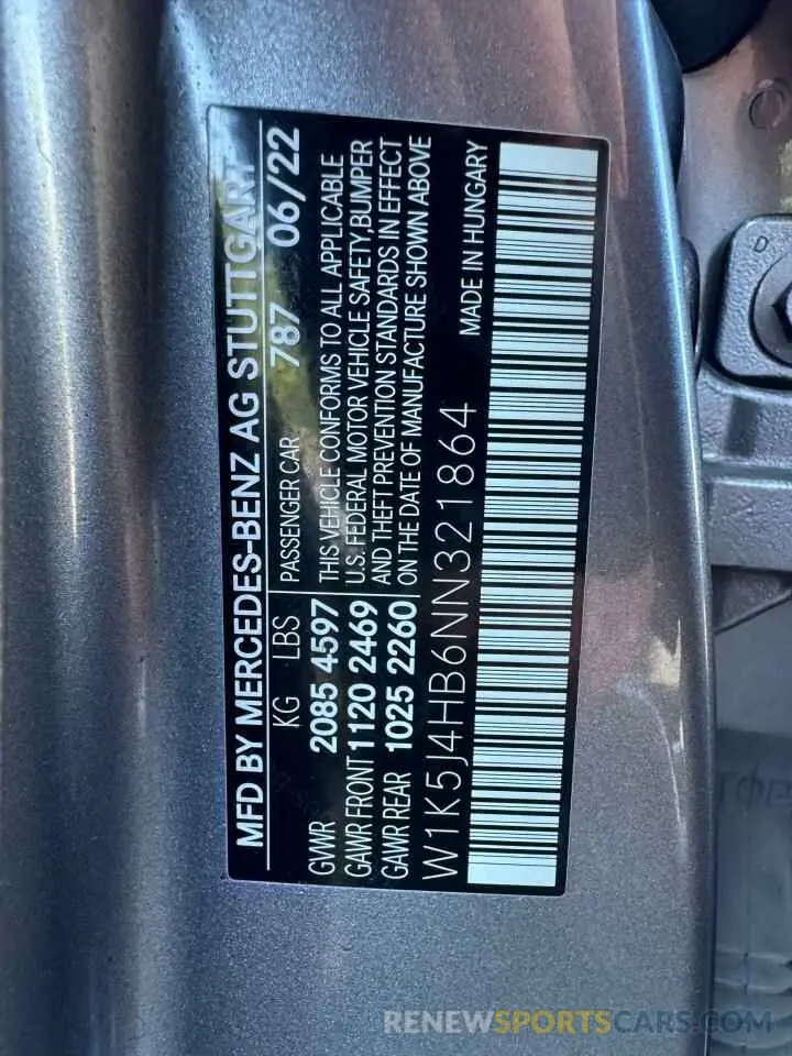 10 Photograph of a damaged car W1K5J4HB6NN321864 MERCEDES-BENZ CLA-CLASS 2022