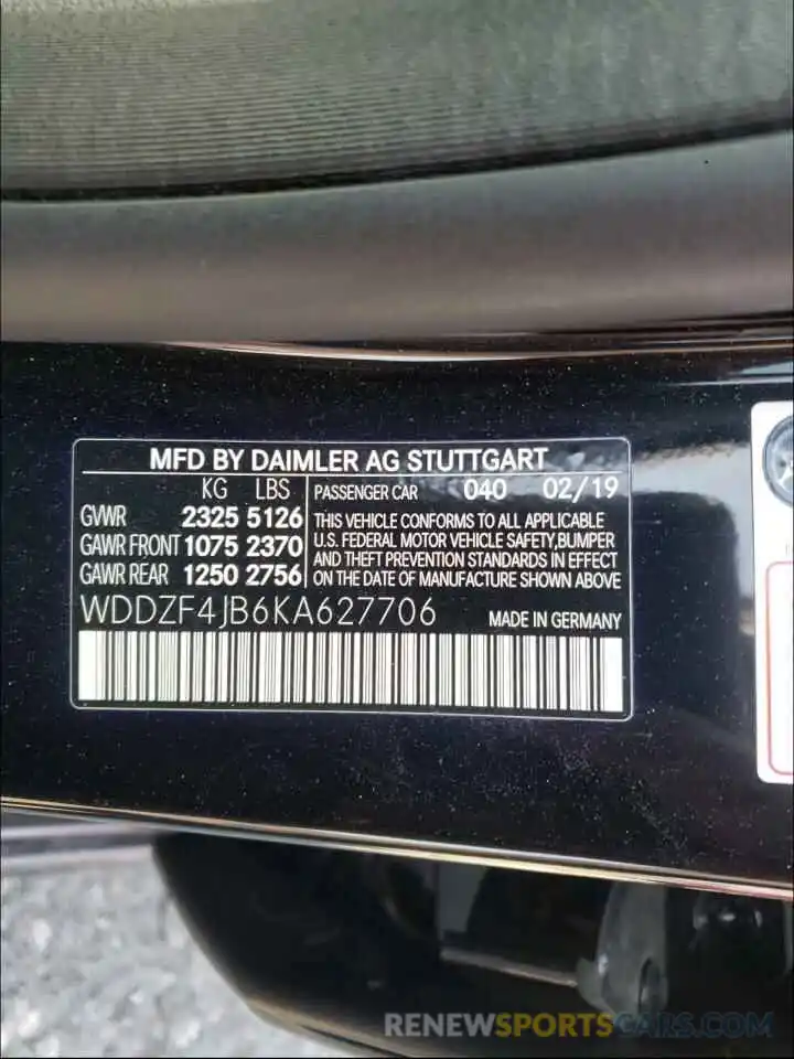 10 Photograph of a damaged car WDDZF4JB6KA627706 MERCEDES-BENZ E-CLASS 2019