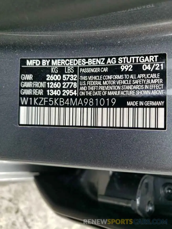 10 Photograph of a damaged car W1KZF5KB4MA981019 MERCEDES-BENZ E-CLASS 2021