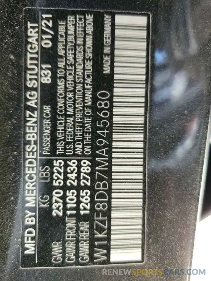 12 Photograph of a damaged car W1KZF8DB7MA945680 MERCEDES-BENZ E-CLASS 2021