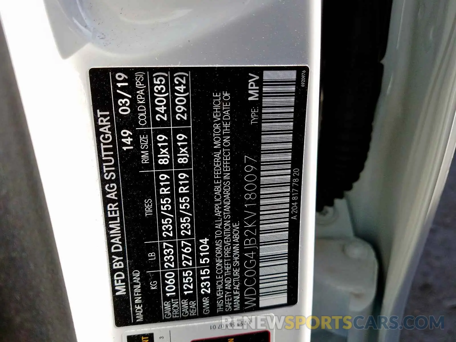 10 Photograph of a damaged car WDC0G4JB2KV180097 MERCEDES-BENZ G CLASS 2019